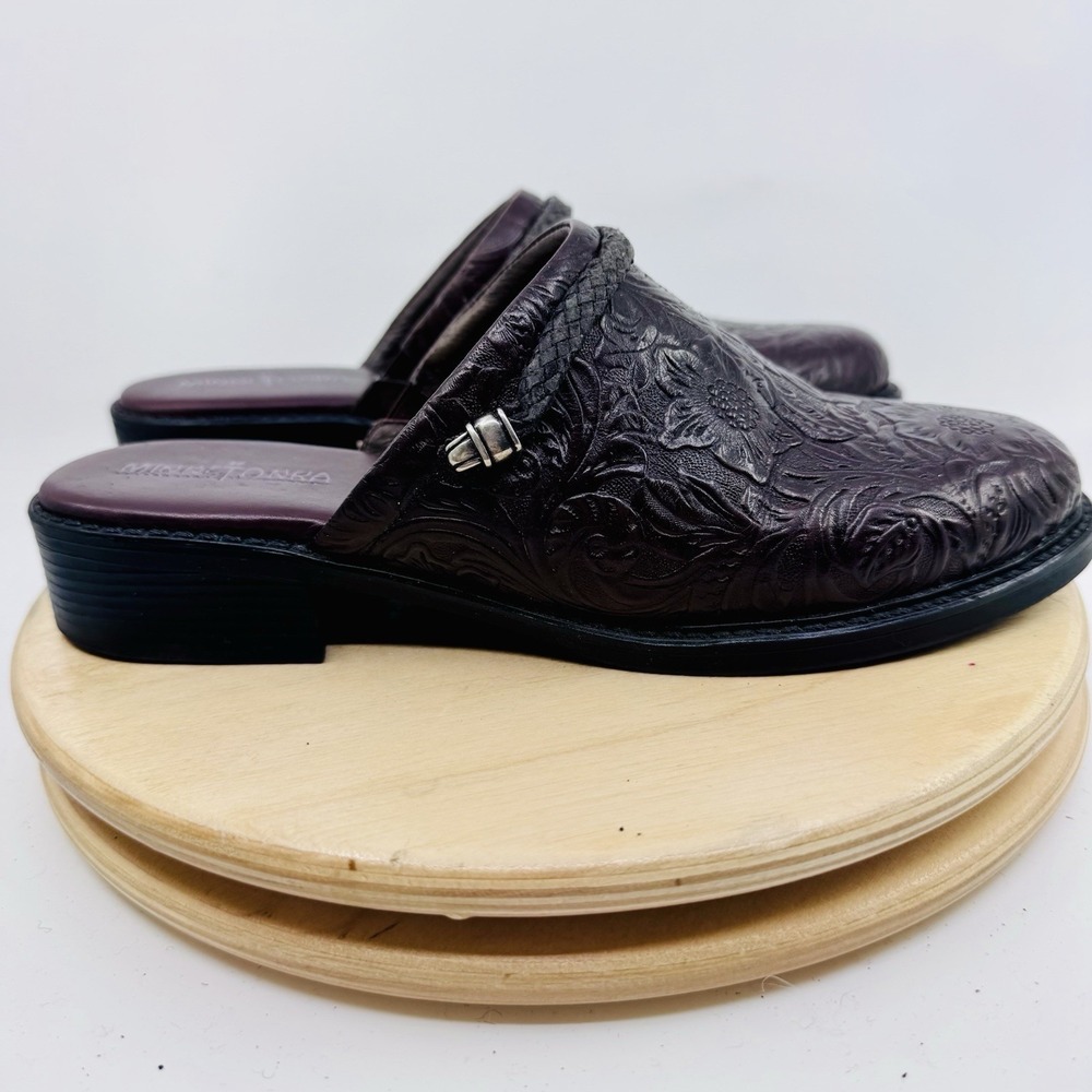 Minnetonka Tooled Leather Clogs Womens 7 Brown Western Mule Slip On Shoes 6042